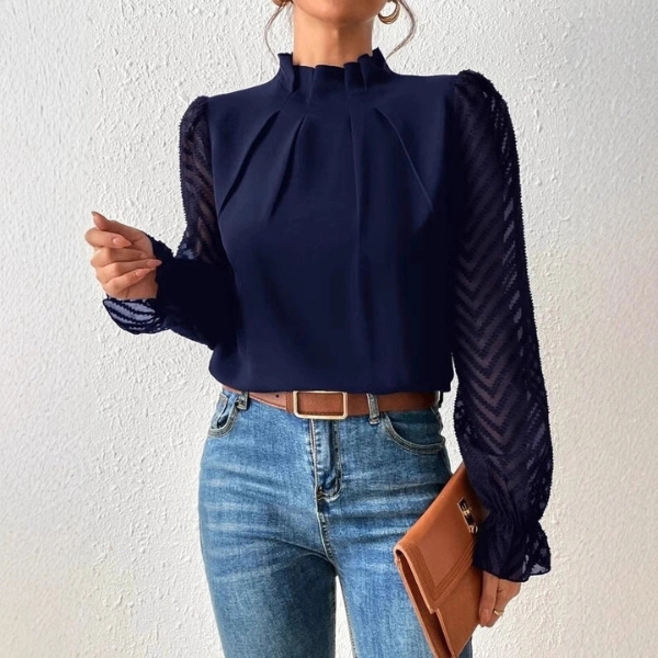 Semi-turtleneck Spliced Wavy Chiffon Long-Sleeve Top - Image 2