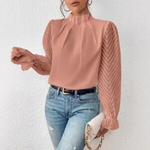 Semi-turtleneck Spliced Wavy Chiffon Long-Sleeve Top