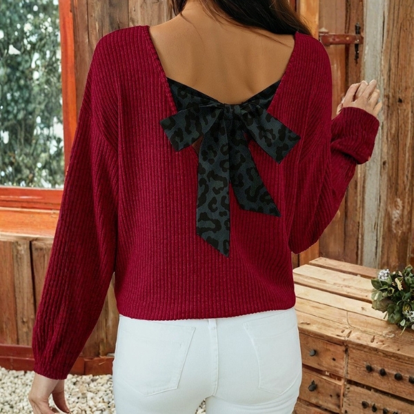 Valentine Rib Contrast Ribbon Bow Back Long Sleeve Top - Image 2