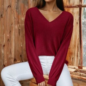 Valentine Rib Contrast Ribbon Bow Back Long Sleeve Top