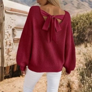 Ribbed Knit Contrast Ribbon Knot Drop Shoulder Sweater