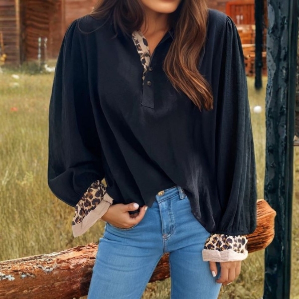 Button Leopard Patchwork Ruffled Long sleeve blouse - Image 2