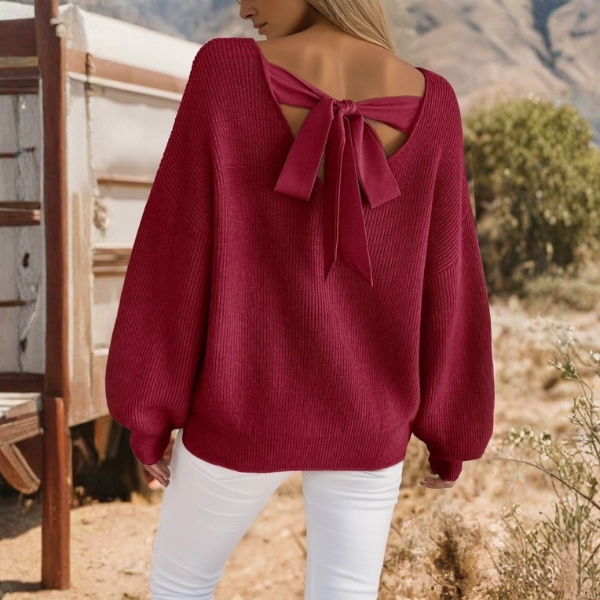 Ribbed Knit Contrast Ribbon Knot Drop Shoulder Sweater - Image 4