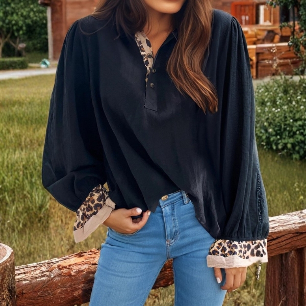 Button Leopard Patchwork Ruffled Long sleeve blouse - Image 3