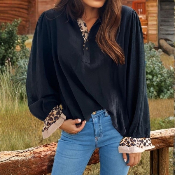 Button Leopard Patchwork Ruffled Long sleeve blouse