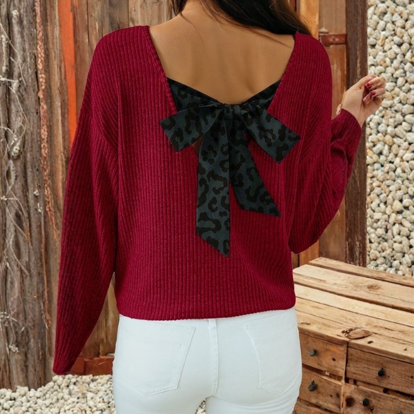Valentine Rib Contrast Ribbon Bow Back Long Sleeve Top - Image 4