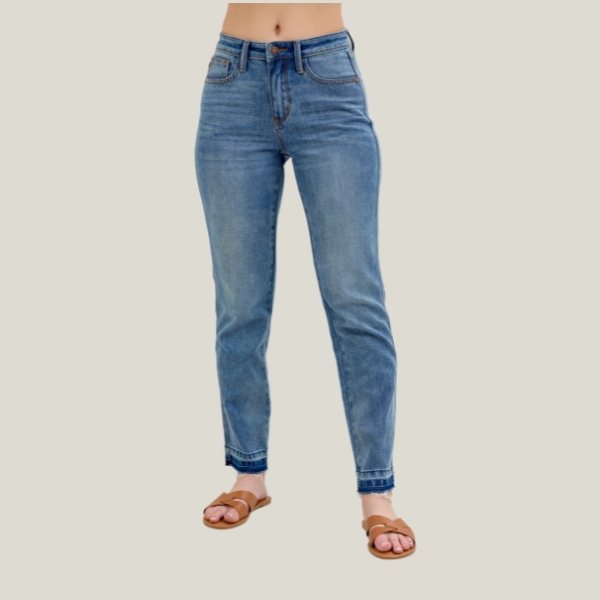 Judy Blue Mid-Rise Rigid Magic Released Hem Boyfriend Fit Jeans
