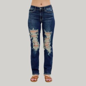 Judy Blue Mid Rise Ripped Straight Jeans