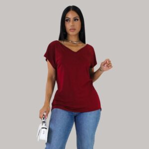 Deep Red Bow-Back V-Neck Top