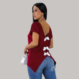 Deep Red Bow-Back V-Neck Top