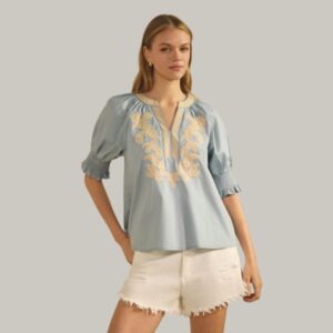 Blue Skies Poplin Embroidered Blouse
