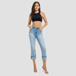 High Rise Ankle Straight Cuffed Jeans by Risen