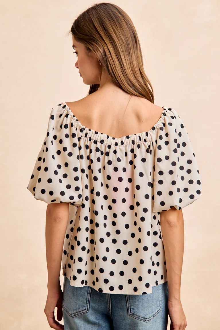 Off the shoulder cream w/black polka dot
