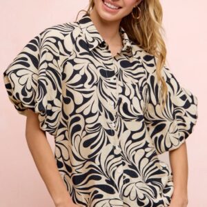 Woven bubble sleeves blouse