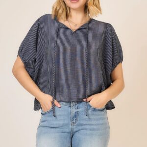 Striped Dolman Short Sleeve Top with Neck Tie