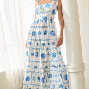 Printed Sleeve tiered dress with a square neckline and adjustable shoulder straps