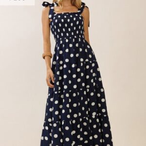 Polka Dot Sleeveless Tired midi Dress with Smocked Top