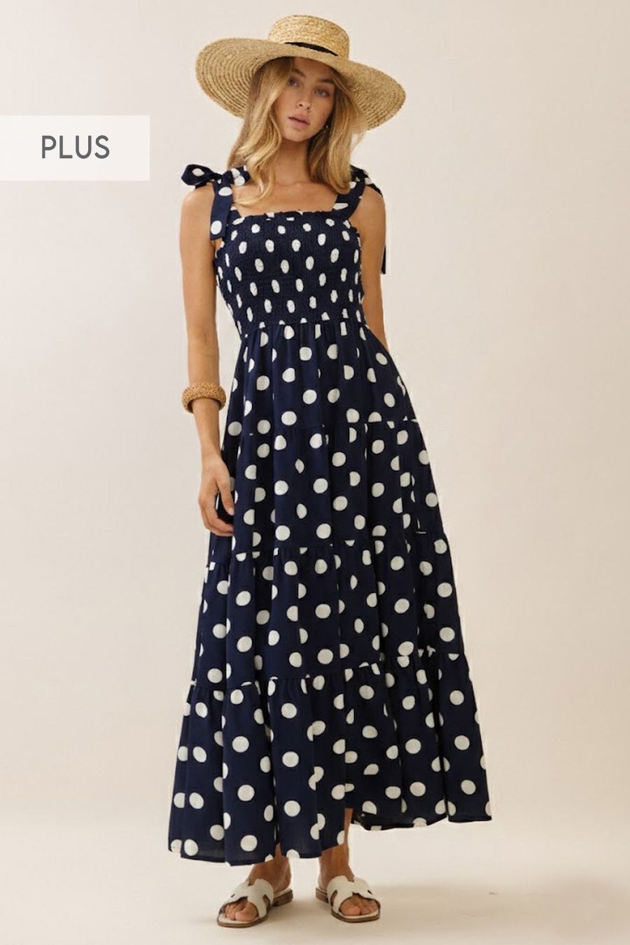 Polka Dot Sleeveless Tired midi Dress with Smocked Top