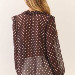 Micro polka dot ruffle blouse with tie front detail and ruffle cuffs
