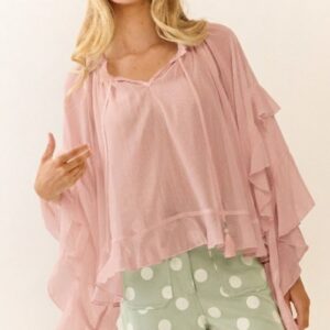 ruffled chiffon blouse with gathered neckline,ruffle sleeves, and asymmetric draped hem