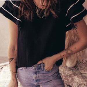 Black Dual Ruffle Short Sleeve Blouse