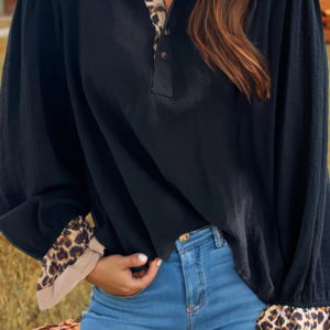 Button Leopard Patchwork Ruffled Long Sleeve Blouse