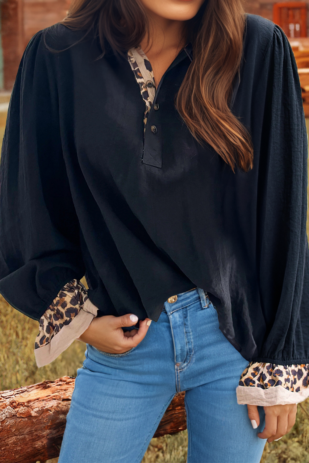 Button Leopard Patchwork Ruffled Long Sleeve Blouse