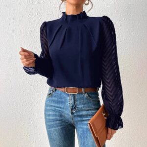 Semi-Turtleneck Spliced Wavy Chiffon Long-Sleeve Top
